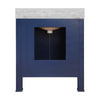 BATH VANITY IN TEXTURED NAVY LINEN W/ ANT. BRASS HARDWARE, WHITE MARBLE TOP, AND PORCELAIN SINK