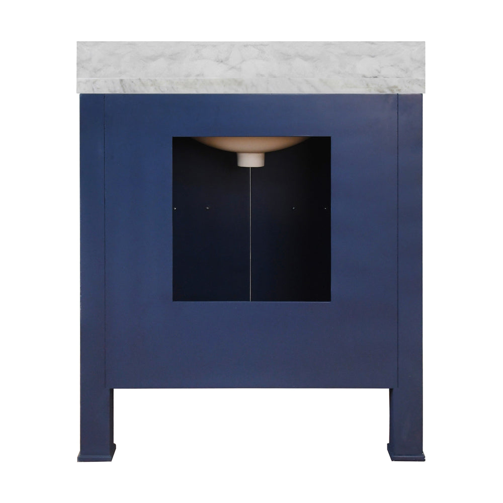 BATH VANITY IN TEXTURED NAVY LINEN W/ ANT. BRASS HARDWARE, WHITE MARBLE TOP, AND PORCELAIN SINK