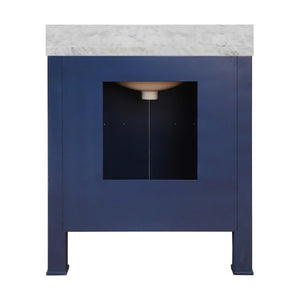 BATH VANITY IN TEXTURED NAVY LINEN W/ ANT. BRASS HARDWARE, WHITE MARBLE TOP, AND PORCELAIN SINK