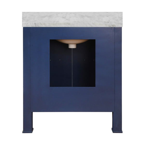 BATH VANITY IN TEXTURED NAVY LINEN W/ ANT. BRASS HARDWARE, WHITE MARBLE TOP, AND PORCELAIN SINK