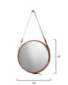Large Round Steel Wall Mirror, Brown Leather