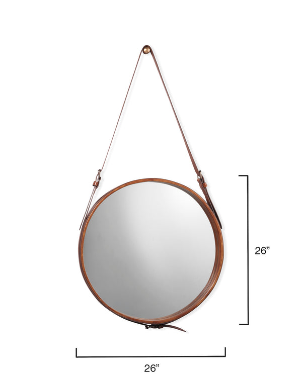 Large Round Steel Wall Mirror, Brown Leather