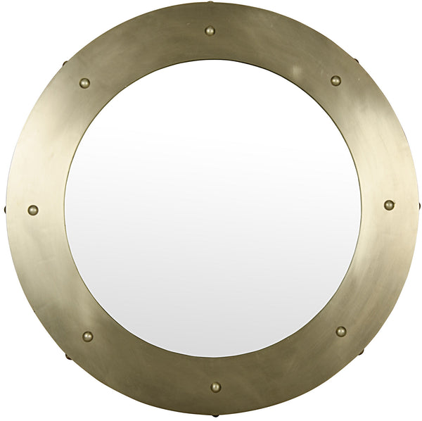 Clay Large Round Mirror in Antique Brass-Finished Industrial Steel