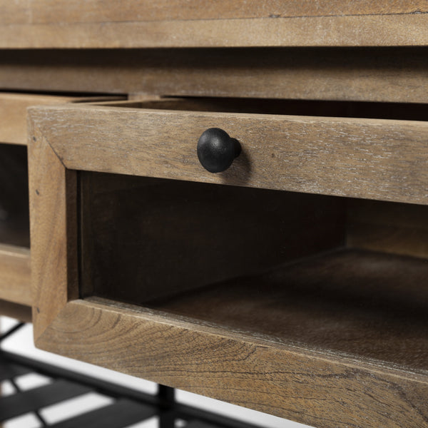 Stuart I Brown Solid Wood Top Two-Tier Black Metal Rolling Kitchen Island