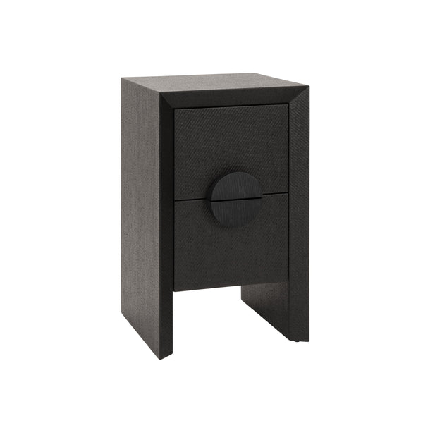 TWO DRAWER SMALL SIDE TABLE IN BLACK PAINTED GRASSCLOTH WITH BLACK OAK HANDLES
