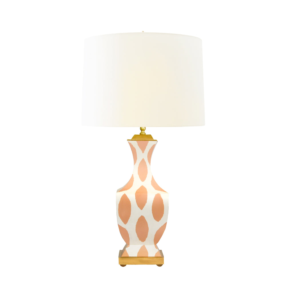 HANDPAINTED TOLE TABLE LAMP IN CORAL IKAT PATTERN