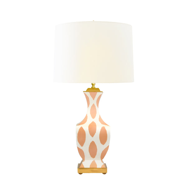HANDPAINTED TOLE TABLE LAMP IN CORAL IKAT PATTERN