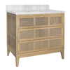 BATH VANITY IN CERUSED OAK WITH CANE FRONT DRAWERS, WHITE MARBLE TOP, AND PORCELAIN SINK