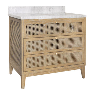 BATH VANITY IN CERUSED OAK WITH CANE FRONT DRAWERS, WHITE MARBLE TOP, AND PORCELAIN SINK