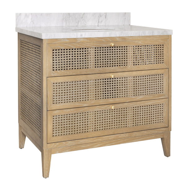 BATH VANITY IN CERUSED OAK WITH CANE FRONT DRAWERS, WHITE MARBLE TOP, AND PORCELAIN SINK