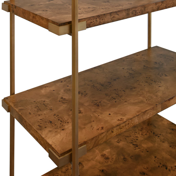 ANTIQUE BRASS ETAGERE WITH SHELVES IN DARK BURL WOOD