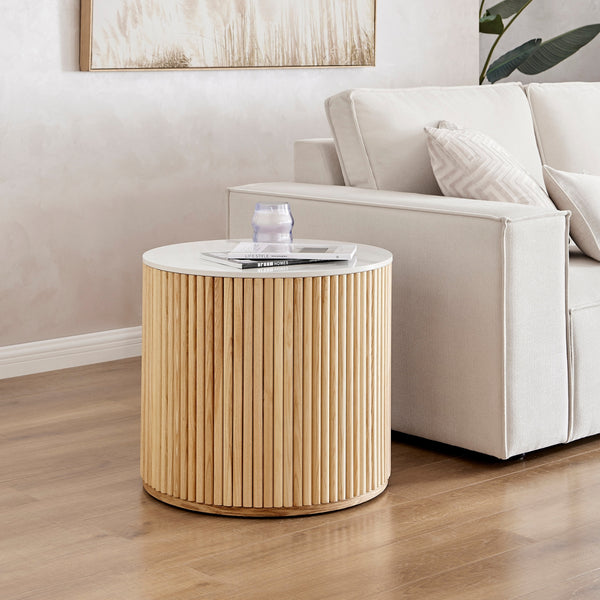 Ingrid Ceramic Top 21.5" Round Side Table, Marble/Natural