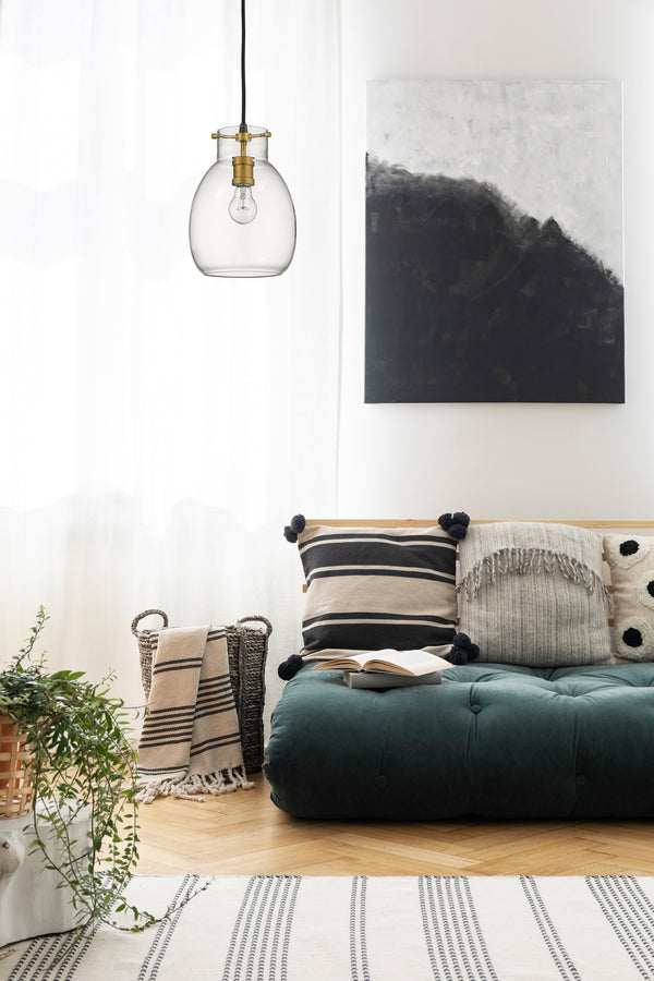 Bella 1 Light Mini Pendant in Matte Black + Olde Brass Finish
