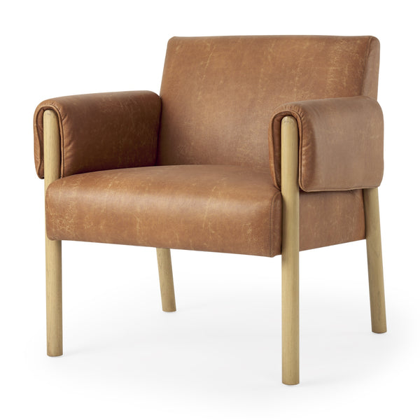 Ashton Brown Faux Leather Fabric w/ Light Wood  Accent Chair
