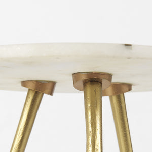 Vivienne  16.0L x 16.0W x 19.0H White Marble W/Antique Gold Metal Round Small Side Table