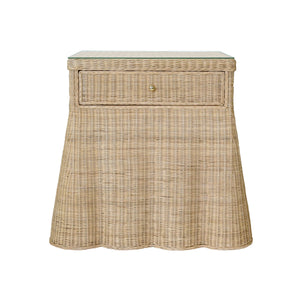 ONE DRAWER RECTANGULAR SIDE TABLE WITH FLARED SCALLOPED BASE IN RATTAN WITH GLASS TOP