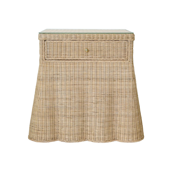 ONE DRAWER RECTANGULAR SIDE TABLE WITH FLARED SCALLOPED BASE IN RATTAN WITH GLASS TOP