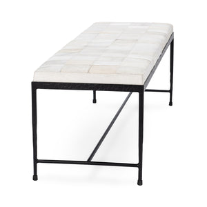 Achen 60" Bench with Hammered Iron & Hide - Dusty Cream