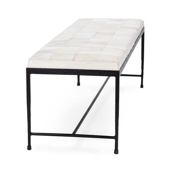 Achen 60" Bench with Hammered Iron & Hide - Dusty Cream
