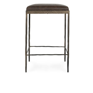 Bose Leather Counter Stool with Hammered Iron Frame - Cocoa Brown