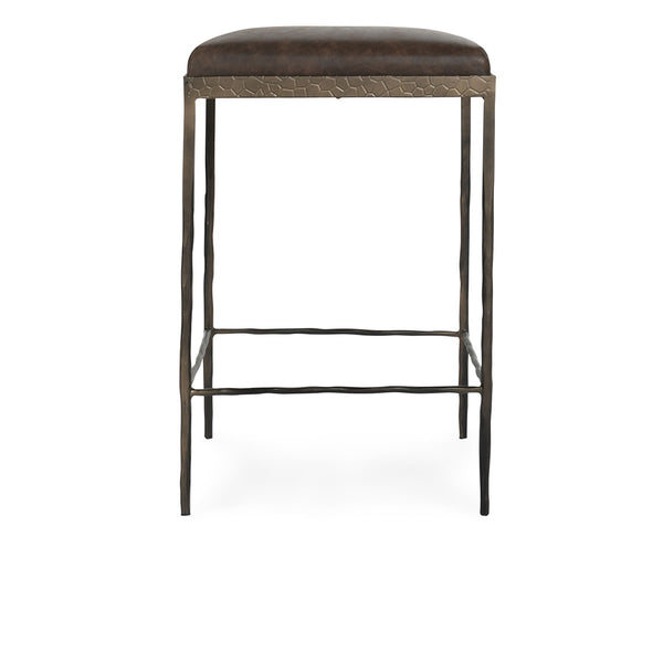 Bose Leather Counter Stool with Hammered Iron Frame - Cocoa Brown