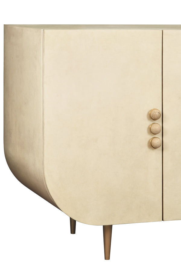 FOUR DOOR BUFFET WITH CURVED BOTTOM CORNERS AND STONE HARDWARE IN FAUX PARCHMENT