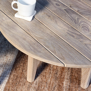 Dawn Outdoor Round Coffee Table in Teak Wood, Gray