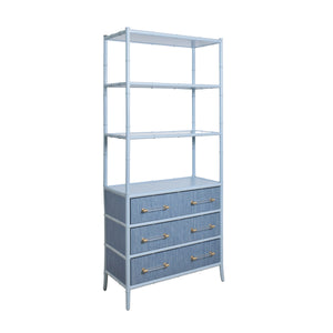 THREE DRAWER ETAGERE WITH BAMBOO DETAIL IN BLUE DYED GRASSCLOTH AND LIGHT BLUE MATTE LACQUER