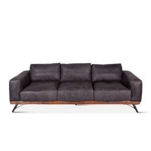 Mid-Century Leather and Wood Sofa, Antique Ebony