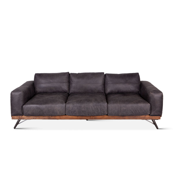 Mid-Century Leather and Wood Sofa, Antique Ebony