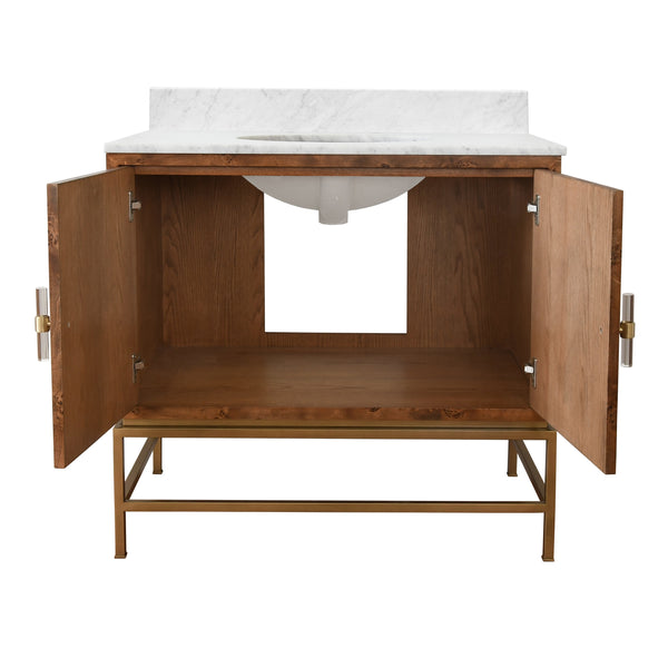 BATH VANITY IN MATTE DARK BURL WOOD AND ANTIQUE BRASS WITH WHITE MARBLE TOP AND PORCELAIN SINK
