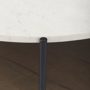 Larkin 42" Round Two-Tier White Marble Top and Solid Wood Shelf w/ Black Metal Frame Coffee Table