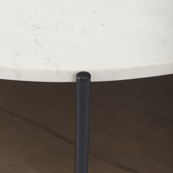 Larkin 42" Round Two-Tier White Marble Top and Solid Wood Shelf w/ Black Metal Frame Coffee Table