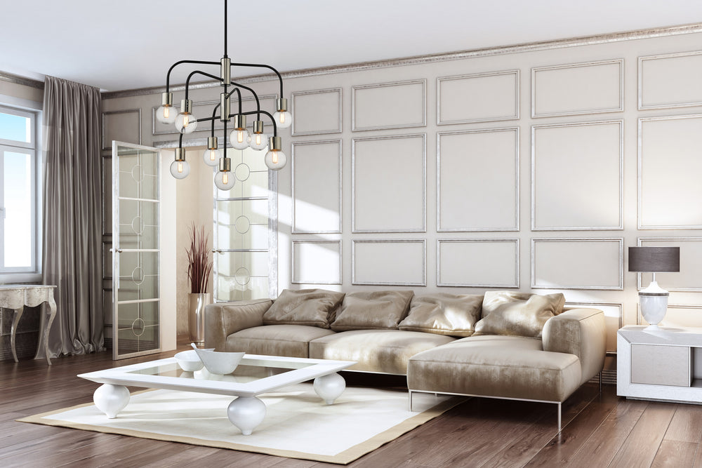 Neutra 9 Light Chandelier in Matte Black + Polished Nickel Finish