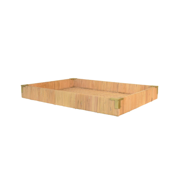 SMALL RECTANGULAR NATURAL RATTAN WRAPPED TRAYS WITH BRASS CORNERS