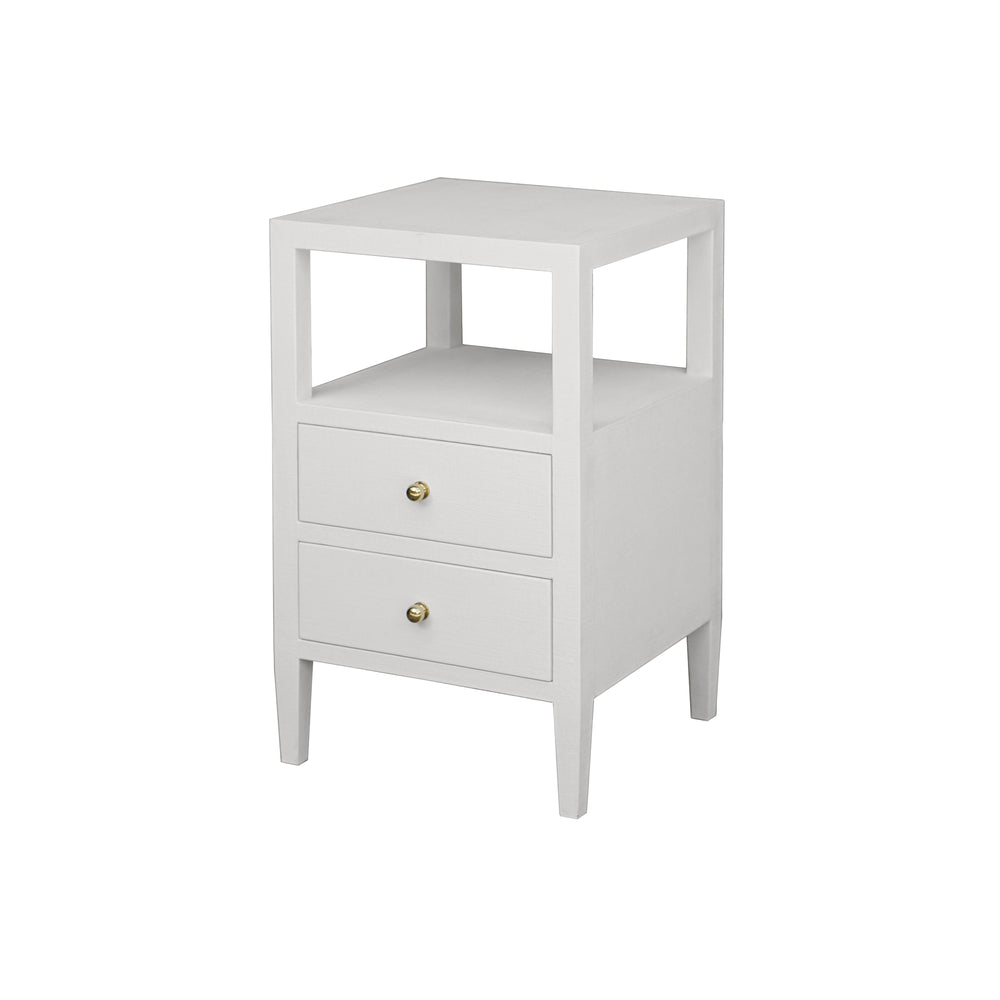 TWO DRAWER SIDE TABLE IN COATED WHITE LINEN