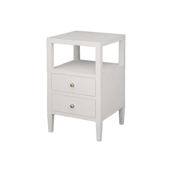 TWO DRAWER SIDE TABLE IN COATED WHITE LINEN