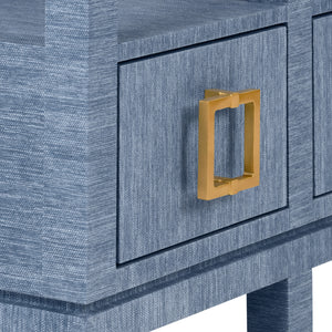 OPEN SHELF CONSOLE WITH THREE BOTTOM DRAWERS AND SQUARE SATIN BRASS HARDWARE IN DYED BLUE GRASSCLOTH