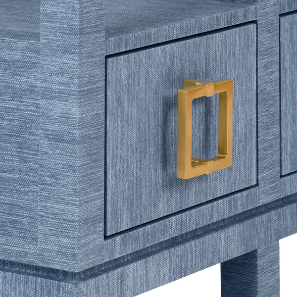 OPEN SHELF CONSOLE WITH THREE BOTTOM DRAWERS AND SQUARE SATIN BRASS HARDWARE IN DYED BLUE GRASSCLOTH