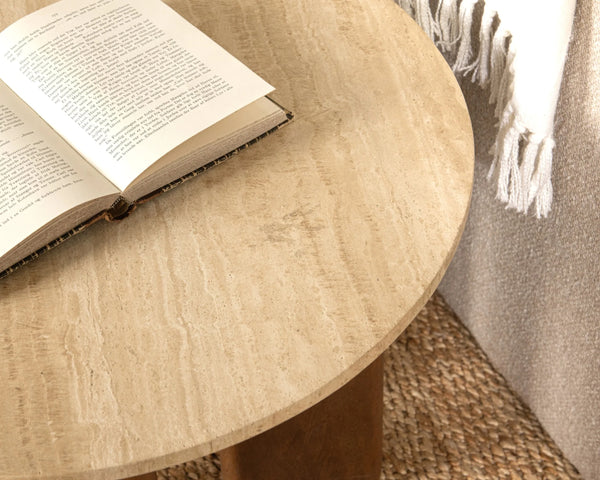 Idella Travertine Round End Table with Mango Wood Legs - Tan