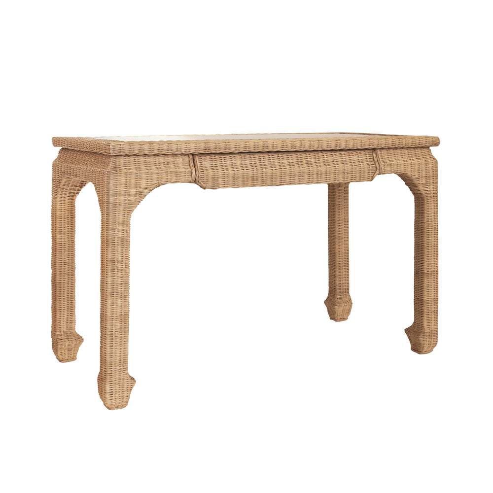 ONE DRAWER MING STYLE DESK IN WOVEN RATTAN WITH GLASS TOP