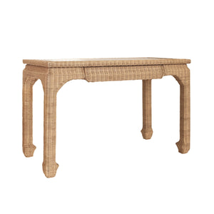 ONE DRAWER MING STYLE DESK IN WOVEN RATTAN WITH GLASS TOP
