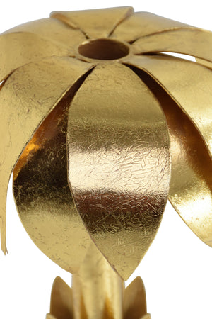 IRON PALM TREE CANDLE HOLDER IN GOLD LEAF FINISH ON WHITE MARBLE BASE