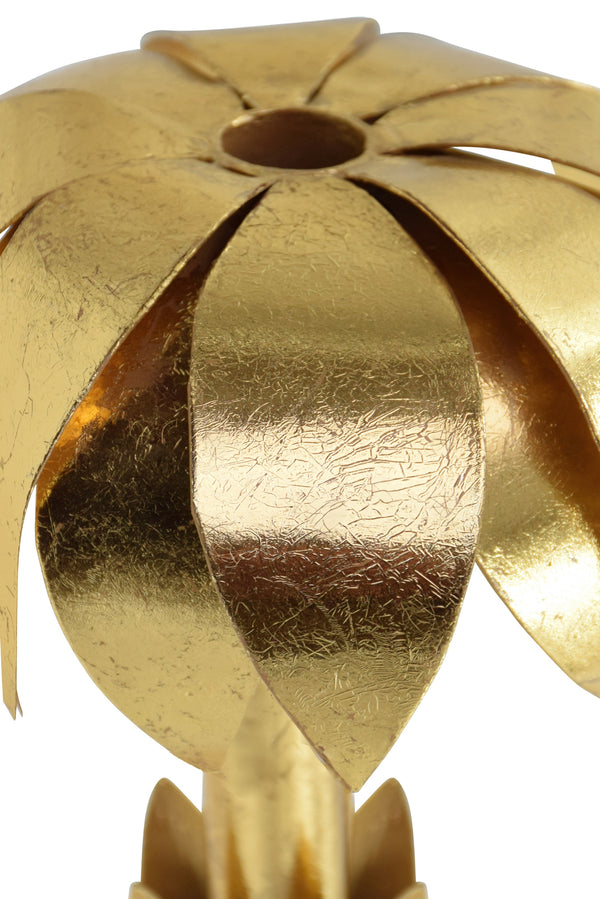 IRON PALM TREE CANDLE HOLDER IN GOLD LEAF FINISH ON WHITE MARBLE BASE