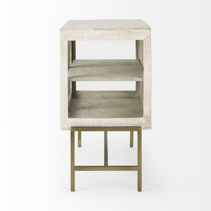 Arelius 36L x 18W x 32H White Wood, Gold Metal Base w/ 2 Glass Doors Accent Cabinet