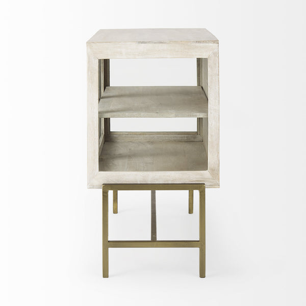 Arelius 36L x 18W x 32H White Wood, Gold Metal Base w/ 2 Glass Doors Accent Cabinet