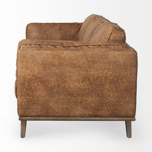 Brooks 90.2L x 34.8W x 33.5H Cognac Brown Faux Leather Three Seater Sofa W/ Medium Brown Wooden Legs