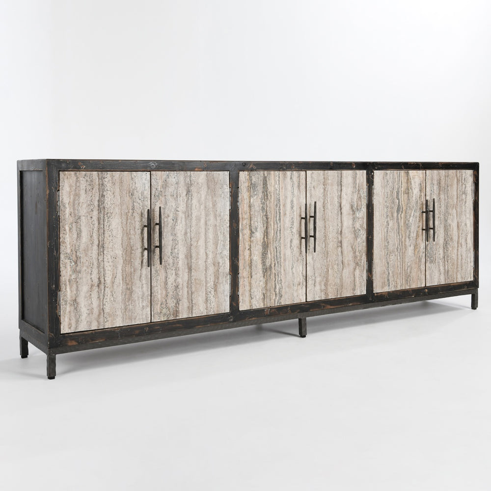 Lisbon Solid Wood 6Dr Cabinet - Weathered Black/Travertine