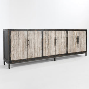 Lisbon Solid Wood 6Dr Cabinet - Weathered Black/Travertine