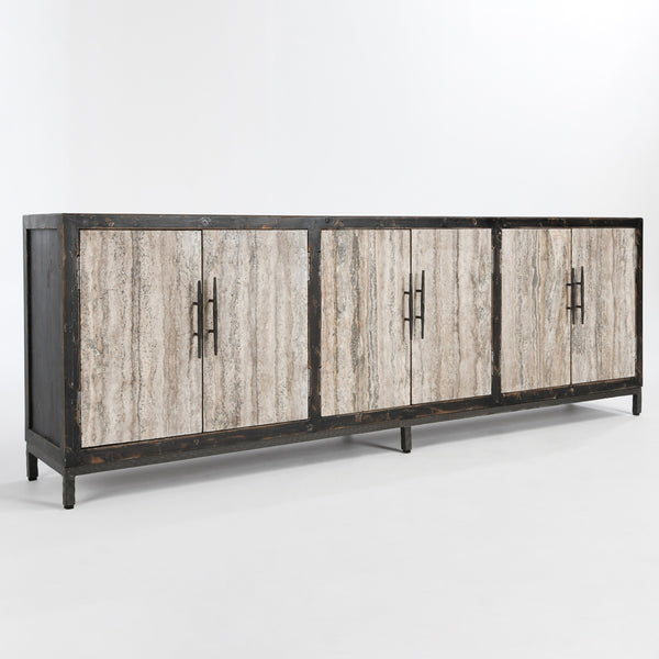 Lisbon Solid Wood 6Dr Cabinet - Weathered Black/Travertine